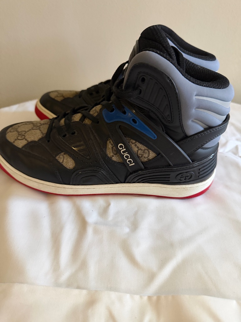 Authentic !!!Gucci Black, Gray & Blue High-Top Sneakers With Red Trim